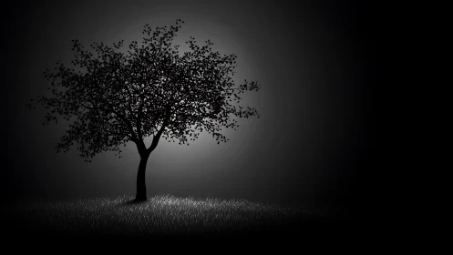 Solitary silhouetted tree in radial monochrome backlight.