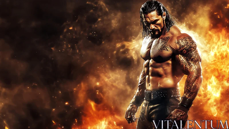 Muscular tattooed fighter standing against blazing fire