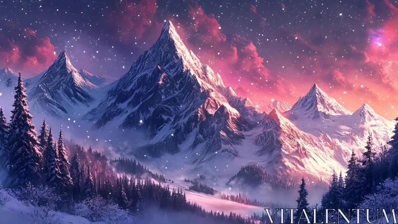 Snowfall crowns violet mountains in a cosmic winter dusk