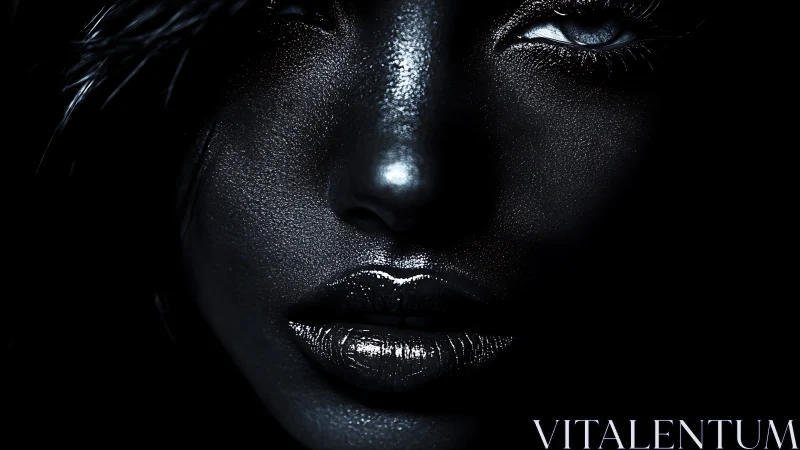 Iridescent metallic portrait isolates facial micro-textures in shadow