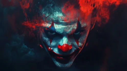 Sinister clown portrait under burning red shadows.