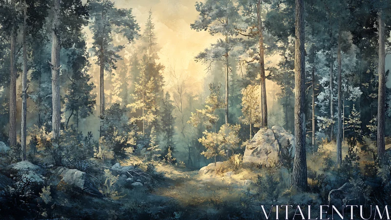 Misty Forest Clearing with Towering Pines.