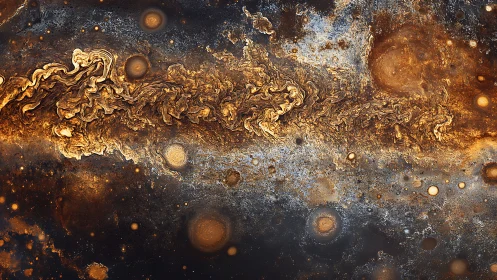 Turbulent metallic nebula stream with swirling golden vortices