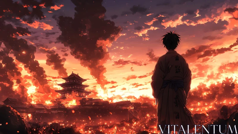 Figure observing burning pagoda complex under dense smoke.