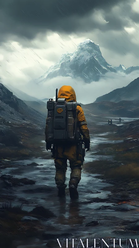 Lone trekker in yellow gear marches toward a stormy peak