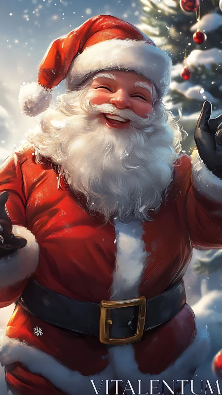 Santa Claus stands outdoors in snow beside decorated tree