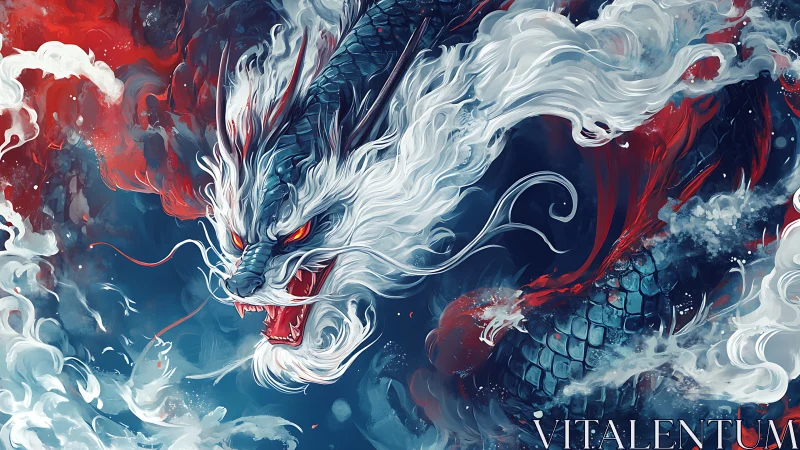 Stormbound azure dragon surges through turbulent chromatic mist