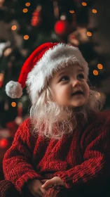 Child in red sweater and Santa hat by lit tree.