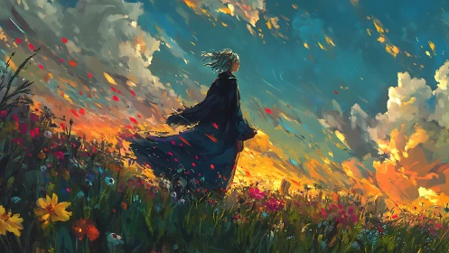 Solitary wanderer watches a blazing sky over wildflowers.