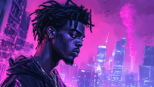 Solitary figure in neon cyberpunk cityscape at night.