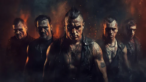 Metal band stands in ember haze with intense fierce stares.