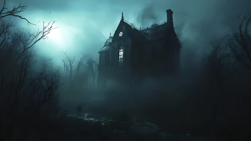 Old gabled house stands in dense fog among bare trees at night