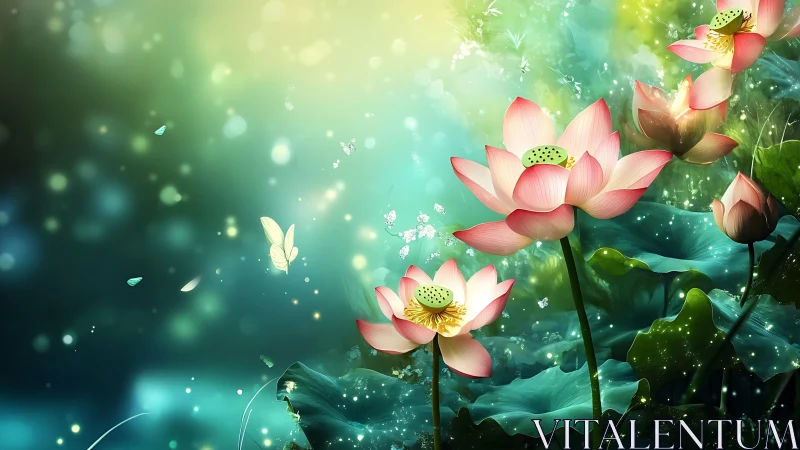 Pink Lotus Flowers in Glowing Water Garden.