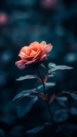 Coral Rose Against Dark Teal Bokeh. Delicate Bloom.