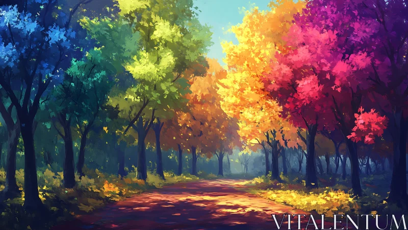 Forest pathway lined with multicolored seasonal foliage trees.