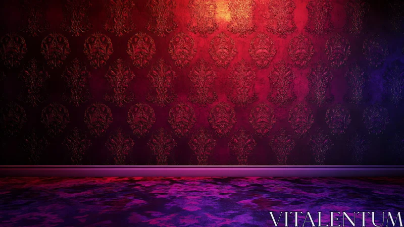 Textured red and purple damask wall with colored floor.