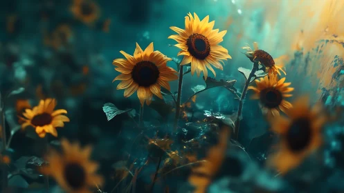 Sunflowers Against Teal Backdrop with Luminescent Bokeh.