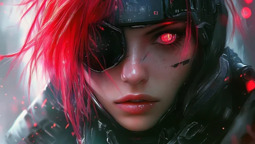 Cyberpunk woman with red hair and glowing cybernetic eye.