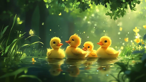 Sunlit ducklings drift through stylized forest pond light