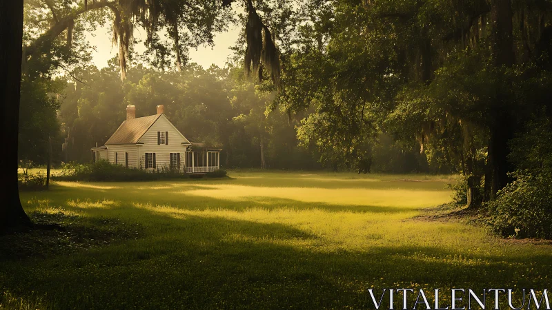 Backlit rural cottage framed by dense trees and low morning haze