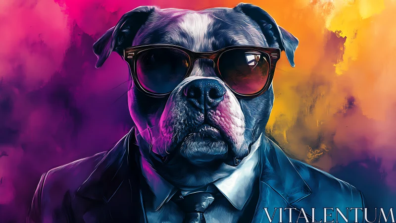 Anthropomorphic bulldog in suit against neon gradient background