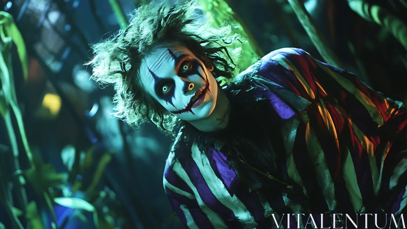 Portrait shows costumed figure with striped jacket and smeared makeup