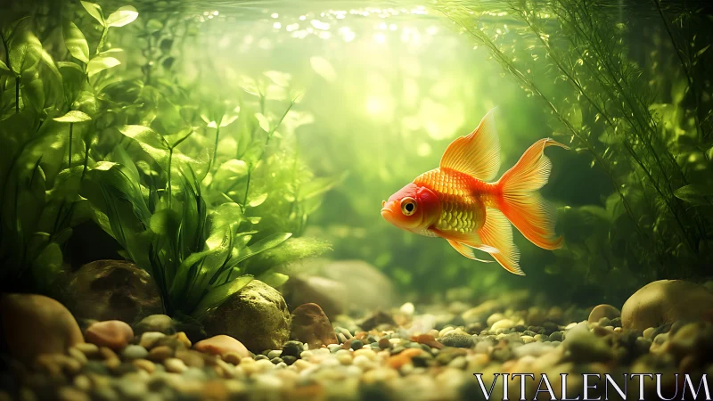 Golden daydream goldfish drifting through leafy green light.