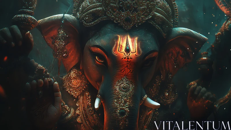 Elephant-headed deity figure with ornate gold adornments.