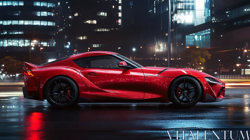 Sleek red sports car glows softly against a rainy city night