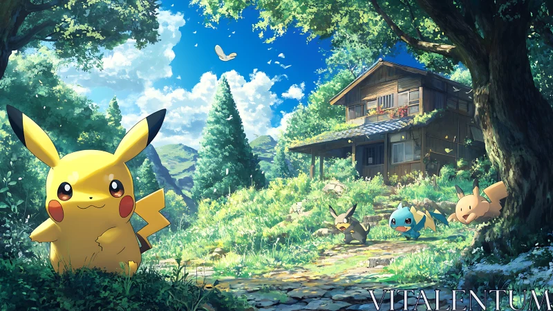 Pikachu and companions in high-saturation forest homestead scene.