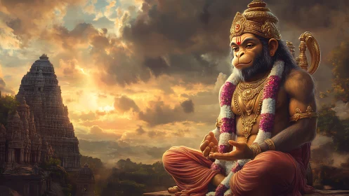 Golden Hanuman meditates beneath storm-lit temple skies