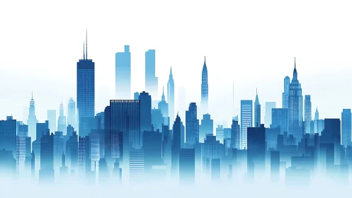 Soft blue city skyline glowing in a calm morning light.