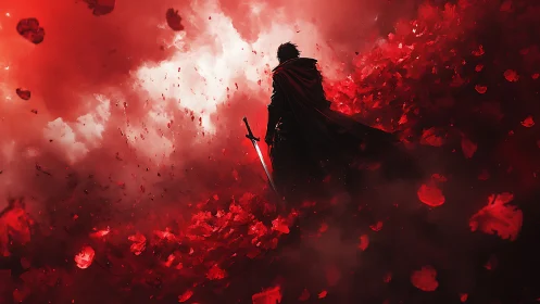 Lone swordsman stands in crimson storm of falling petals.