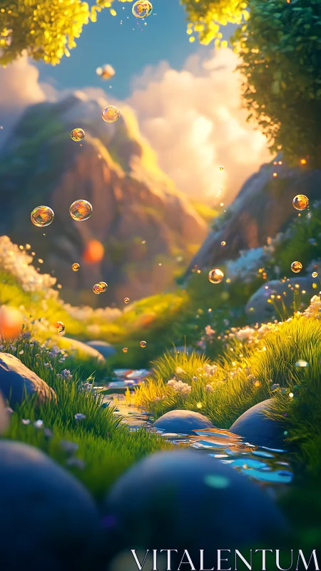 Glowing bubbles drift above a sunlit enchanted stream.