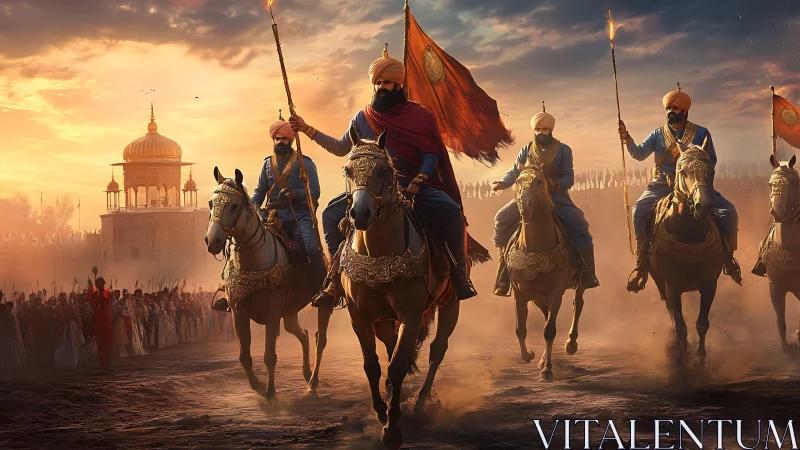 Gallant riders in saffron light leading a proud procession.