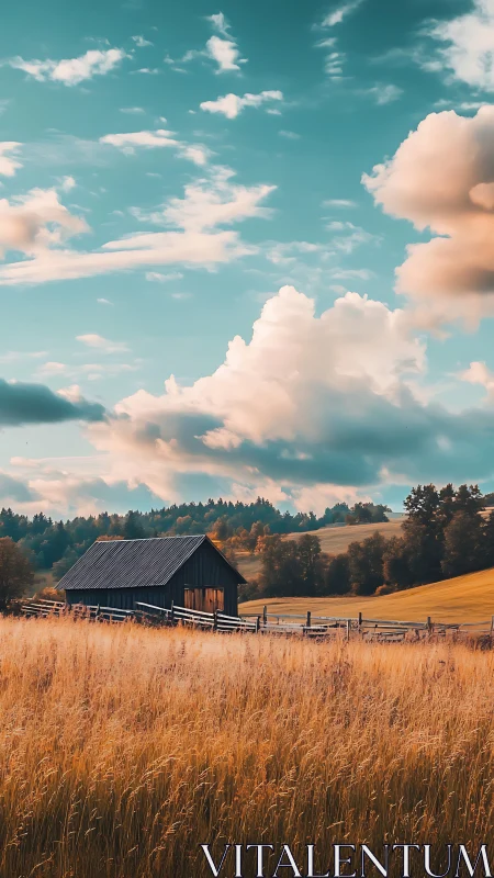 Golden meadow barn dreaming beneath wandering summer clouds.