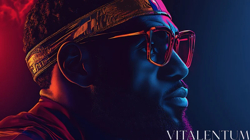 Neon-lit profile portrait under bold red and blue contrast.