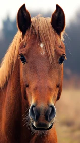 Photorealistic chestnut horse portrait with shallow depth of field.