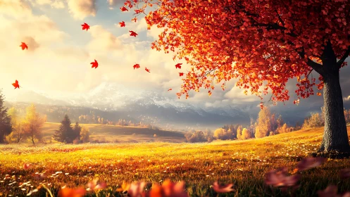 Digital painting of radiant autumn tree in alpine landscape.