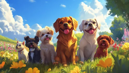 Group of six small dogs is positioned in a flower meadow