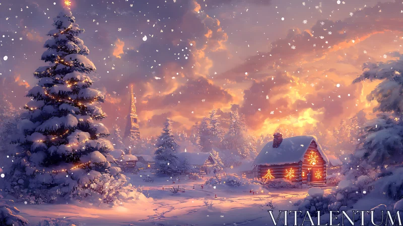 Snowlit cabin village under glowing winter twilight sky.