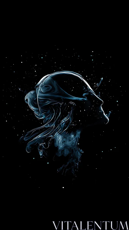 Liquid jellyfish silhouette drifting in dark space.