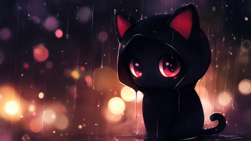 Sweet rainy night with a shy hooded black kitten.