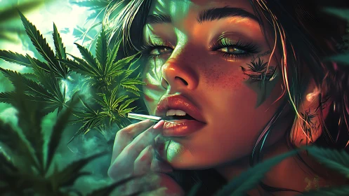 Smoky portrait merges luminous woman and dense cannabis leaves
