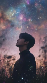 Young dreamer gazes into a cosmic night sky of wonder