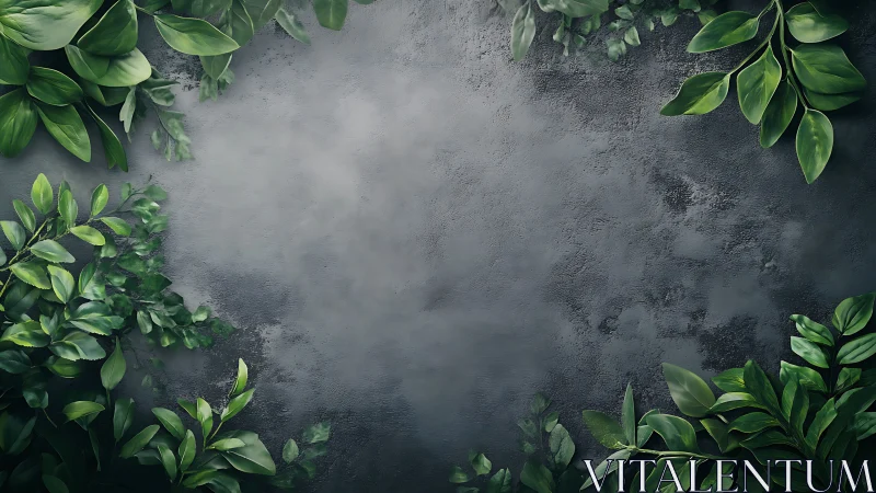 Green foliage frames textured gray stone background space