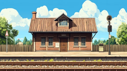 Single-track rural station house under clear cumulus sky.