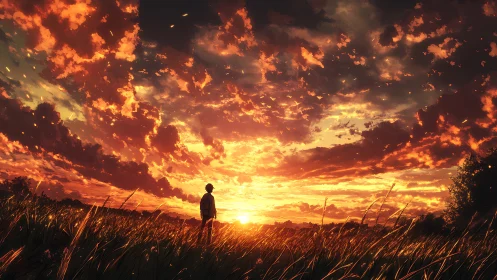 Lone figure watches blazing sunset over windlit field.