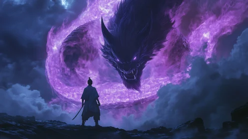 Swordsman facing large purple spectral wolf in clouds.