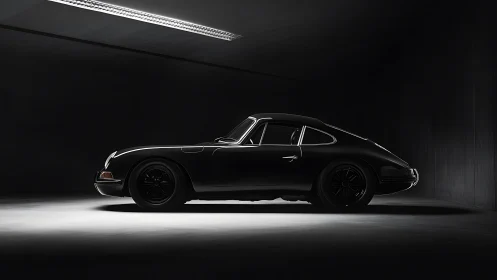 Classic black sports coupe waits in a dramatically lit garage